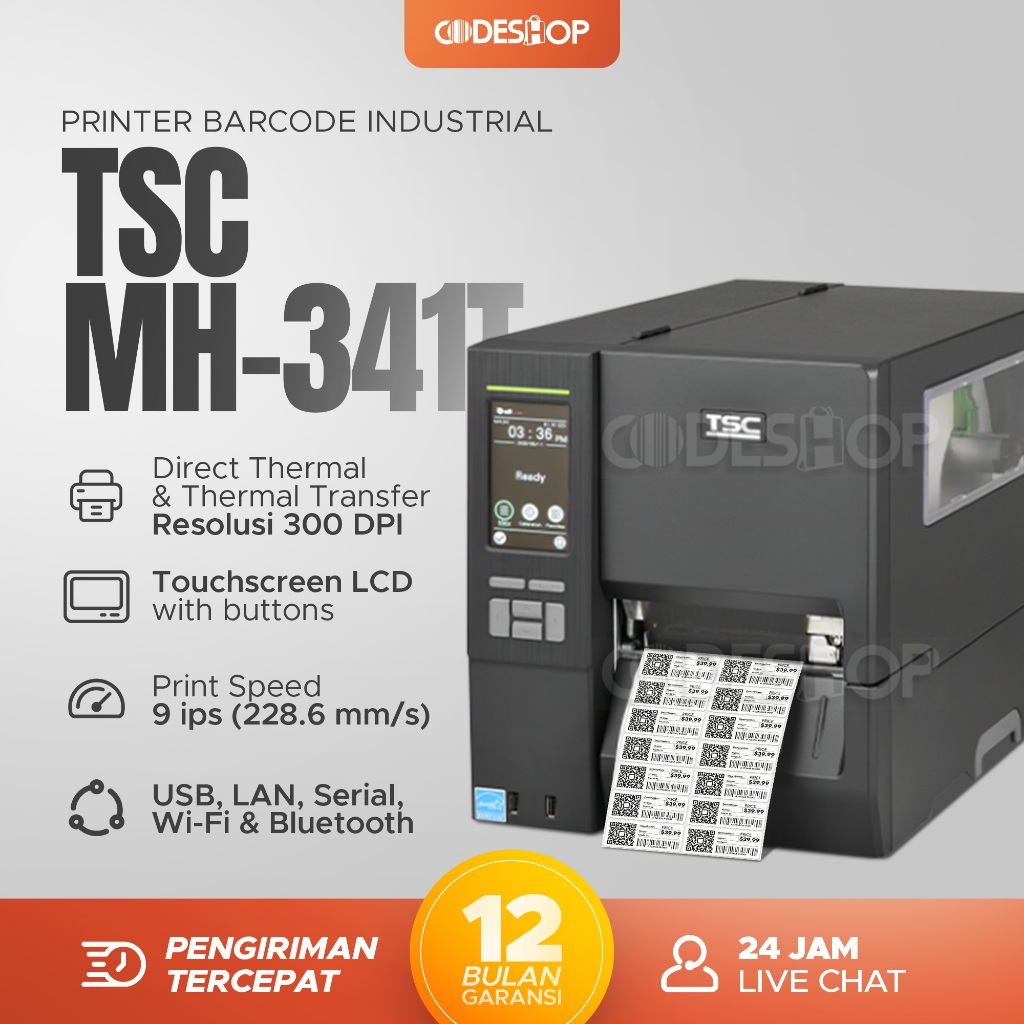 TSC MH341T Printer Barcode Cetak Label Sticker Industrial Industri 300dpi USB LAN Serial Thermal Sem