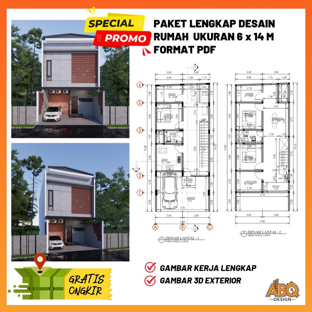 Gambar Kerja Desain Rumah  2 Lantai Ukuran 6 x 14 meter 4 Kamar Tidur