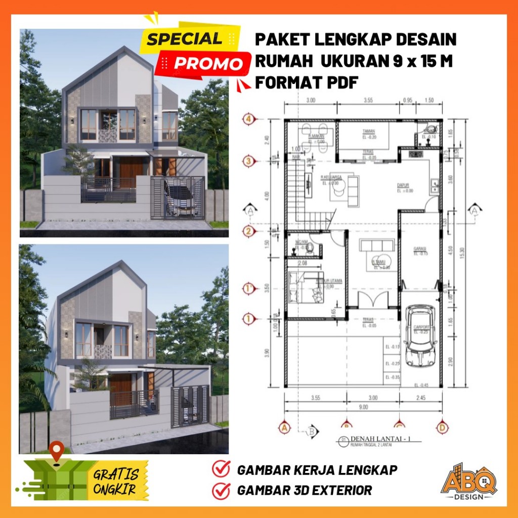 Gambar Kerja Desain Rumah  2 Lantai Ukuran 9 x 15 meter 4 Kamar Tidur