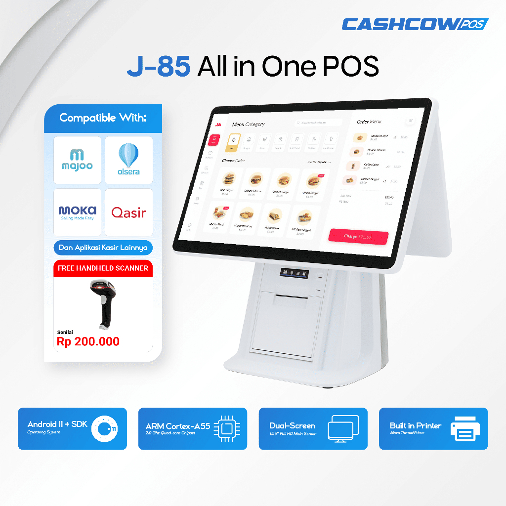 CASHCOW POS J-85 - Mesin Kasir POS Android All in One 15.6 Inch Dual Screen + Printer untuk UMKM & R