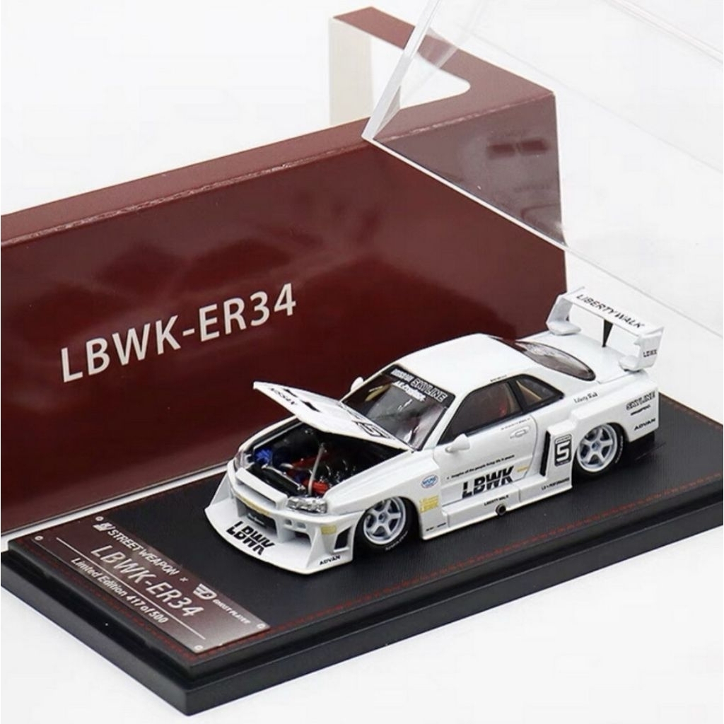 Street weapon LB ER34 Super Silhouette Nissan skyline GTR R34 LBWK white putih cm model 64 mini gt w