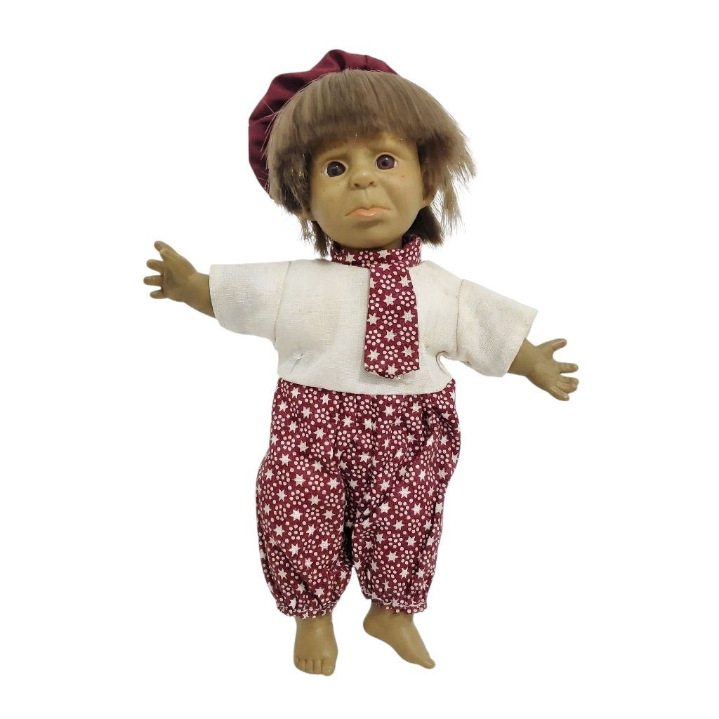 Vintage Gigo Expression Baby Doll 18cm Maroon Star Pattern Romper & Beret Boneka Gigo