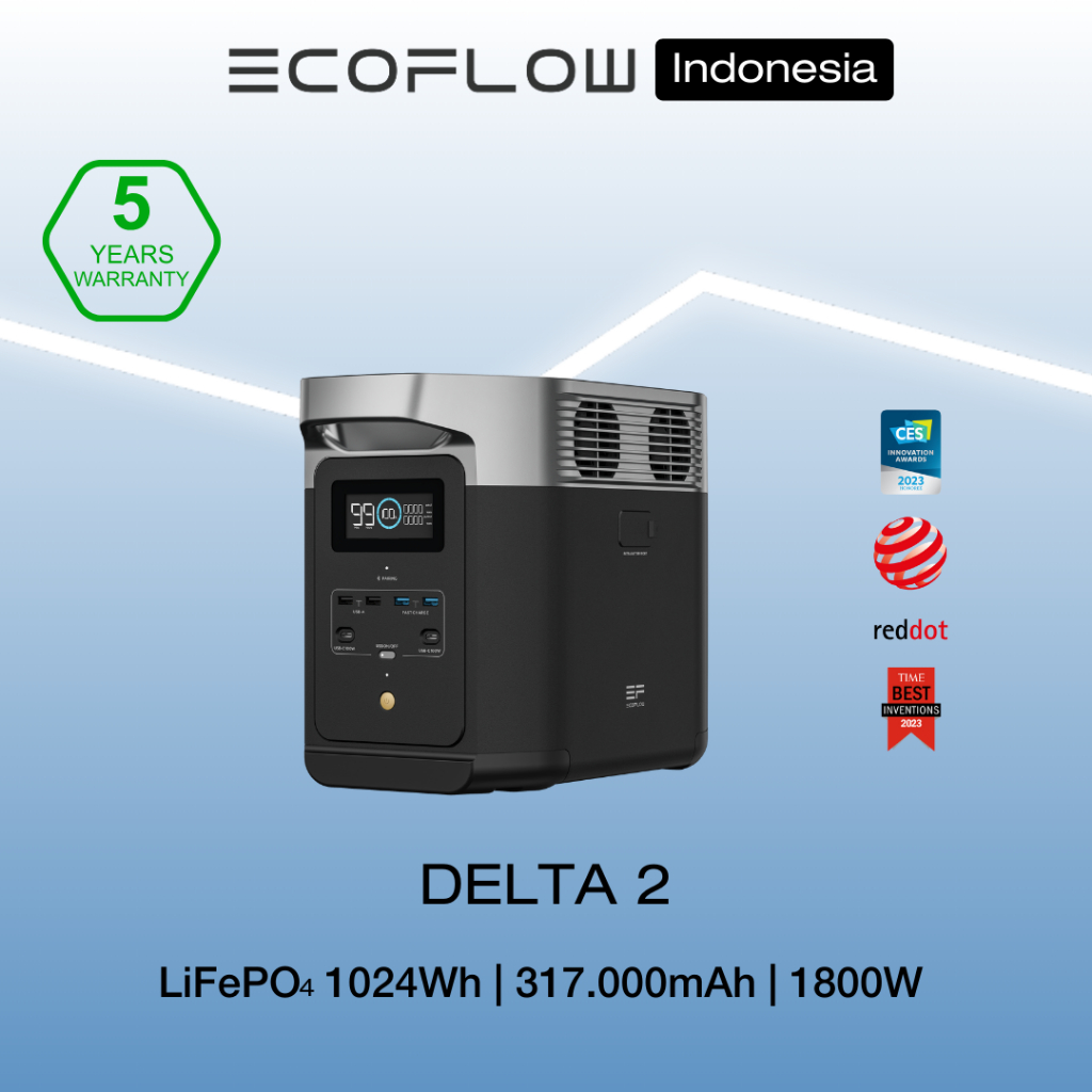 EcoFlow DELTA 2 Pembangkit Listrik Portabel 1800W, Baterai Dapat Diperluas, Pengisian Cepat X-Stream