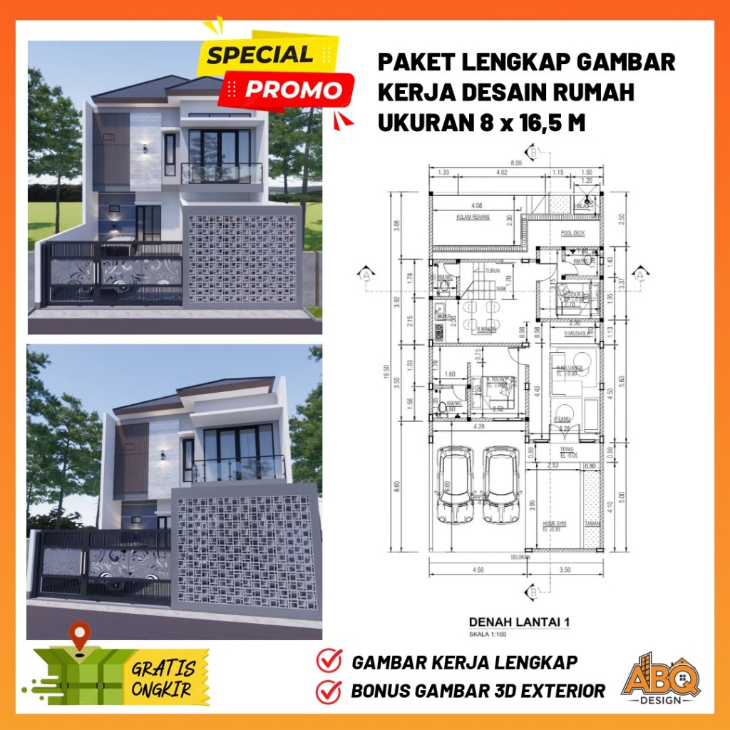 Gambar Kerja Desain Rumah 2 Lantai Ukuran 8 x 16,5 meter 4 Kamar Tidur