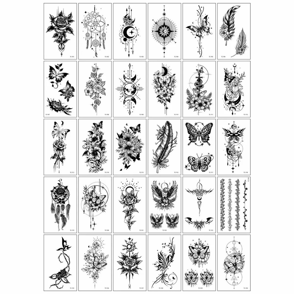 30 PCS Stiker Tato Temporer Grosir 6x10cm Halal Tanpa Bekas flower butterfly bulan kupu kupu bulu bu