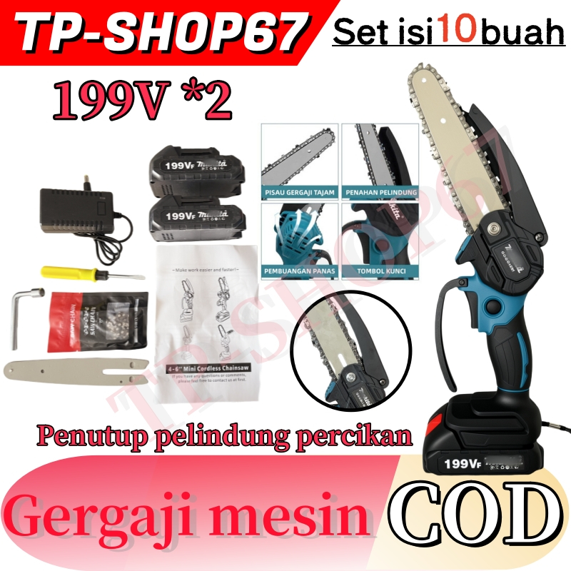 Chainsaw mini 6 /8 Inch Chainsaw Chain Saw Cordless 2 baterai  Mesin Lithium Gergaji Rantai Elektrik