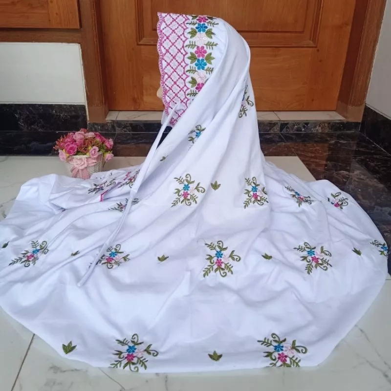 Mukena Terusan Santri PREMIUM Silk Katun Polino Mikro | Telekung Rukoh Panjang HITAM PUTIH Bordir Da