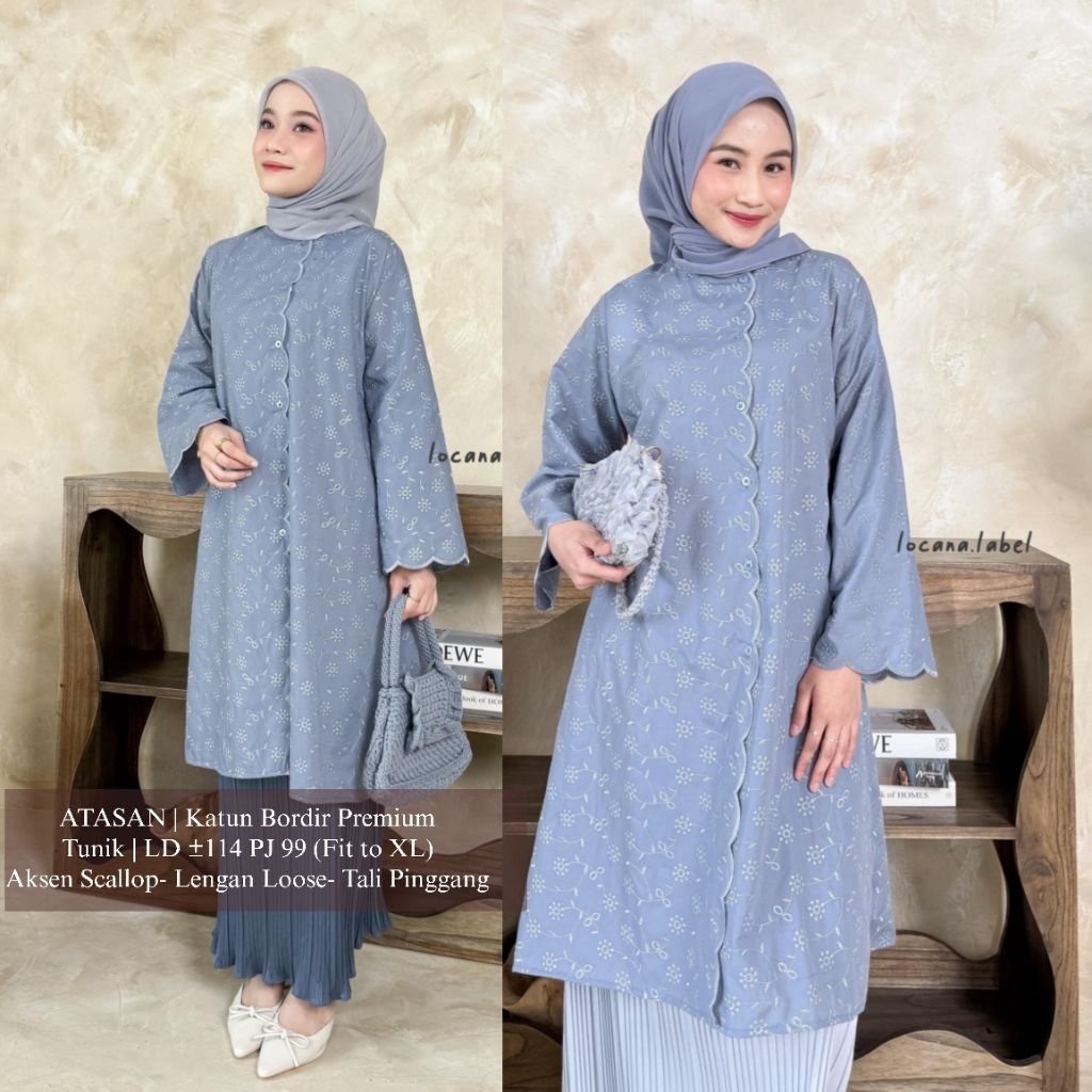 LOCANA BOUTIQUE Athaya Tunik Locana Label Original Katun Bordir Loose Scallop Tunik MCA LCN Solo