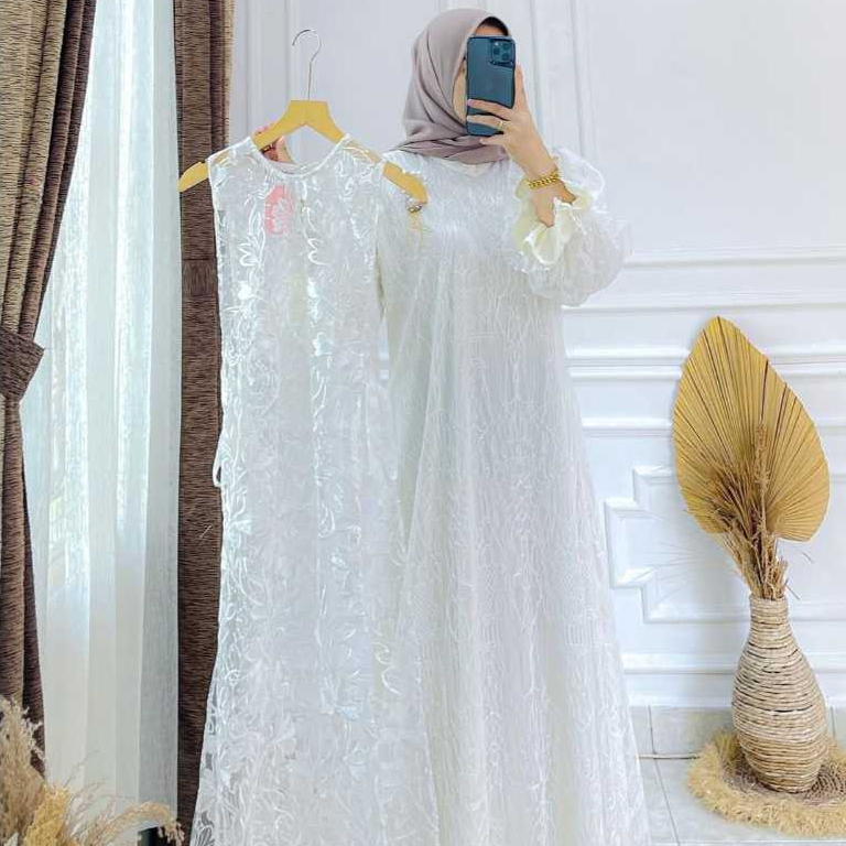 Baju gamis zaskia set outer lepas pasang mewah elegan gamis lebaran 2026 warna putih gamis remaja