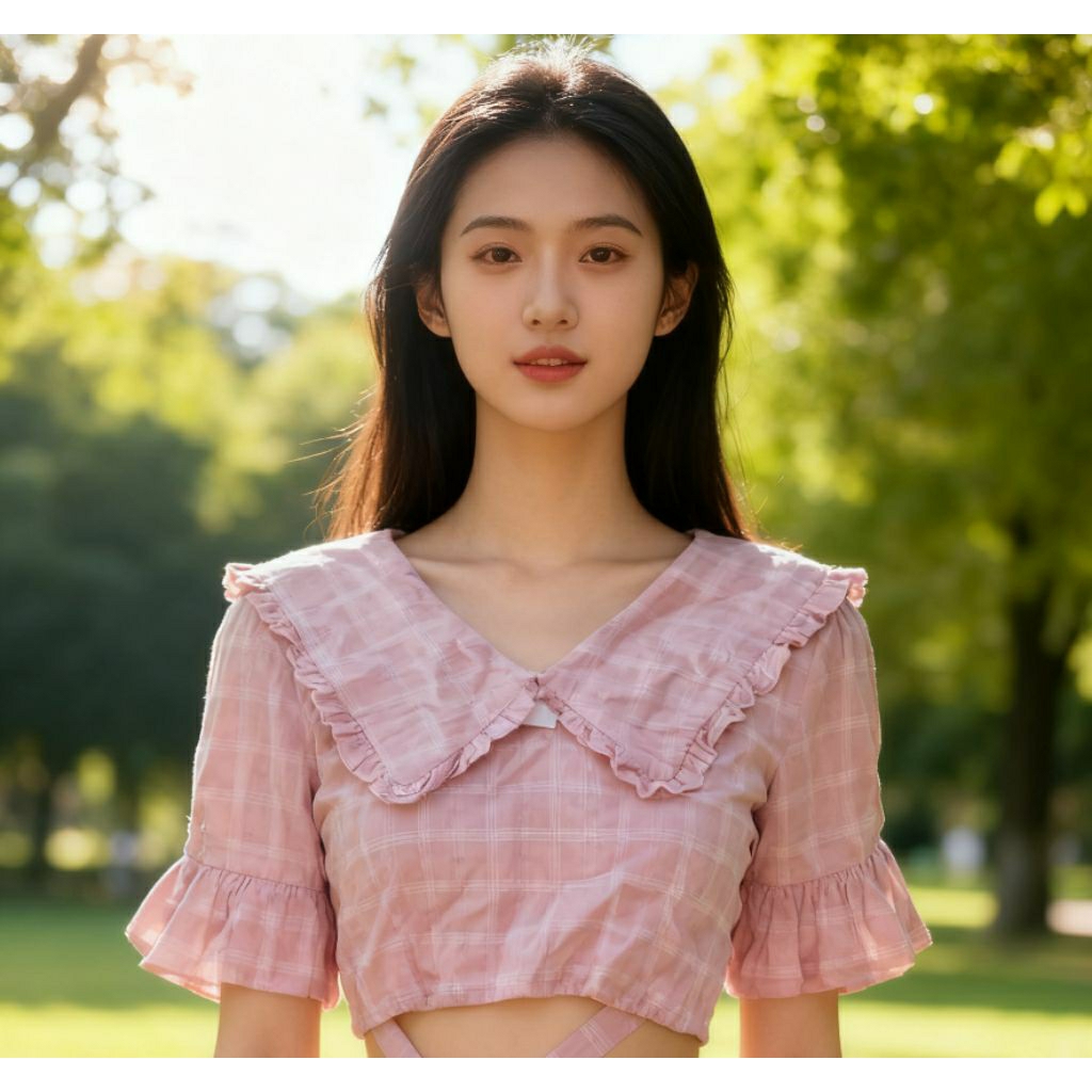 SAILOR CROP TOP PINK KEMEJA KOTAK KOREA