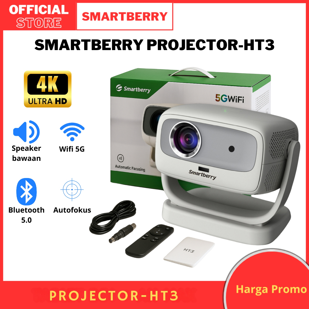 Smartberry HT3 Proyektor WiFi Portable – Layar Jumbo 200”, HDMI, Cocok untuk Nonton, Gaming & Presen