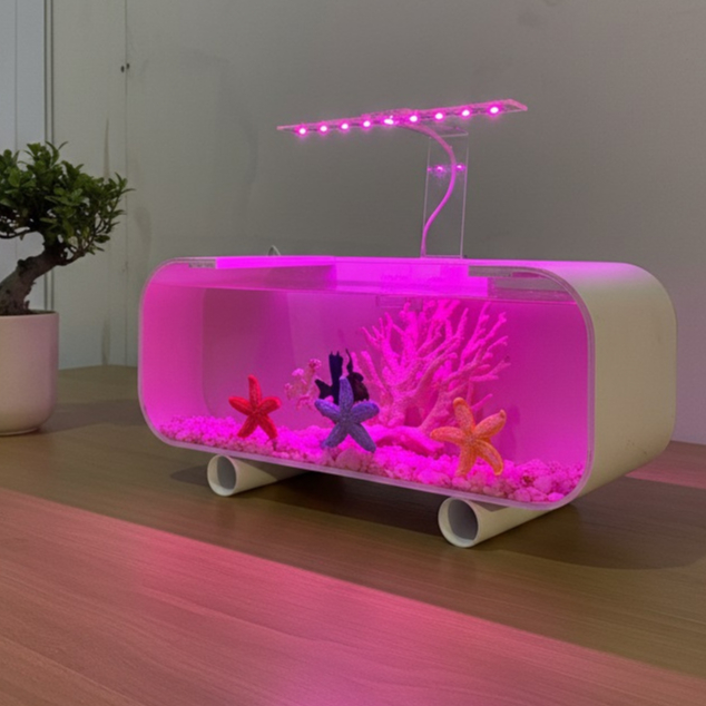 Aquarium Cupang Akrilik dengan Ornamen hias Karang besar, karang kecil, bintang laut, batu warna war