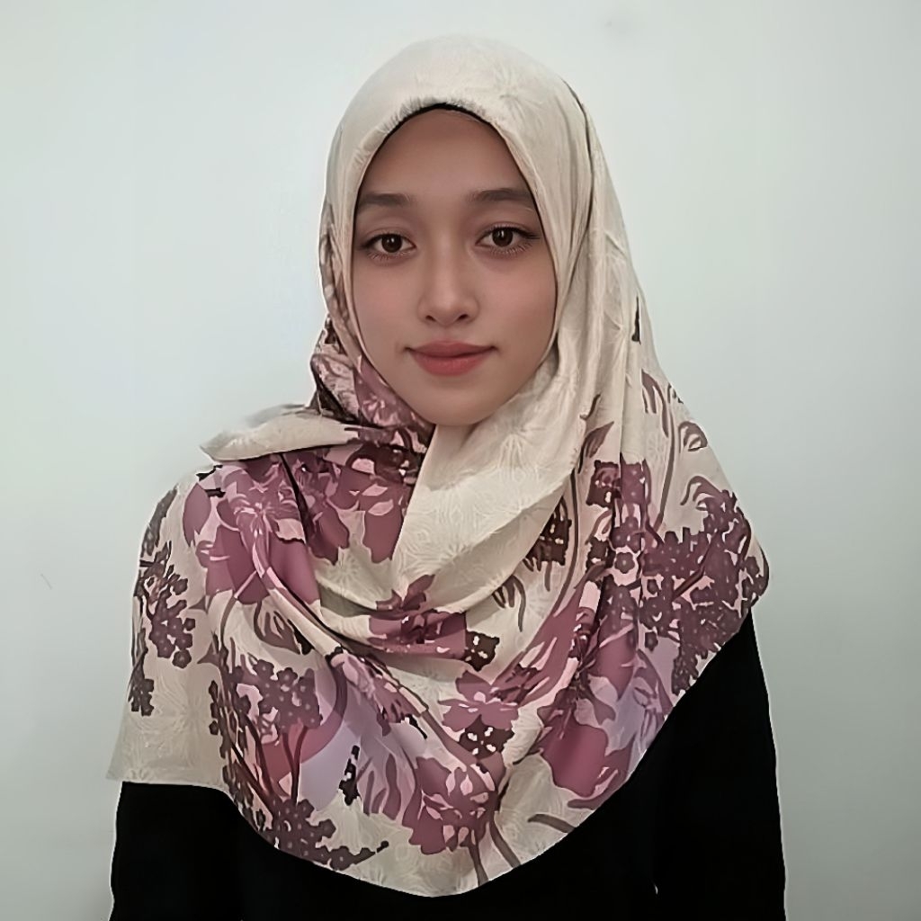 BARU Kerudung Segi Empat Krem Motif Bunga Ungu | Jilbab Hijab Cream Muslimah Merk Azara Voal