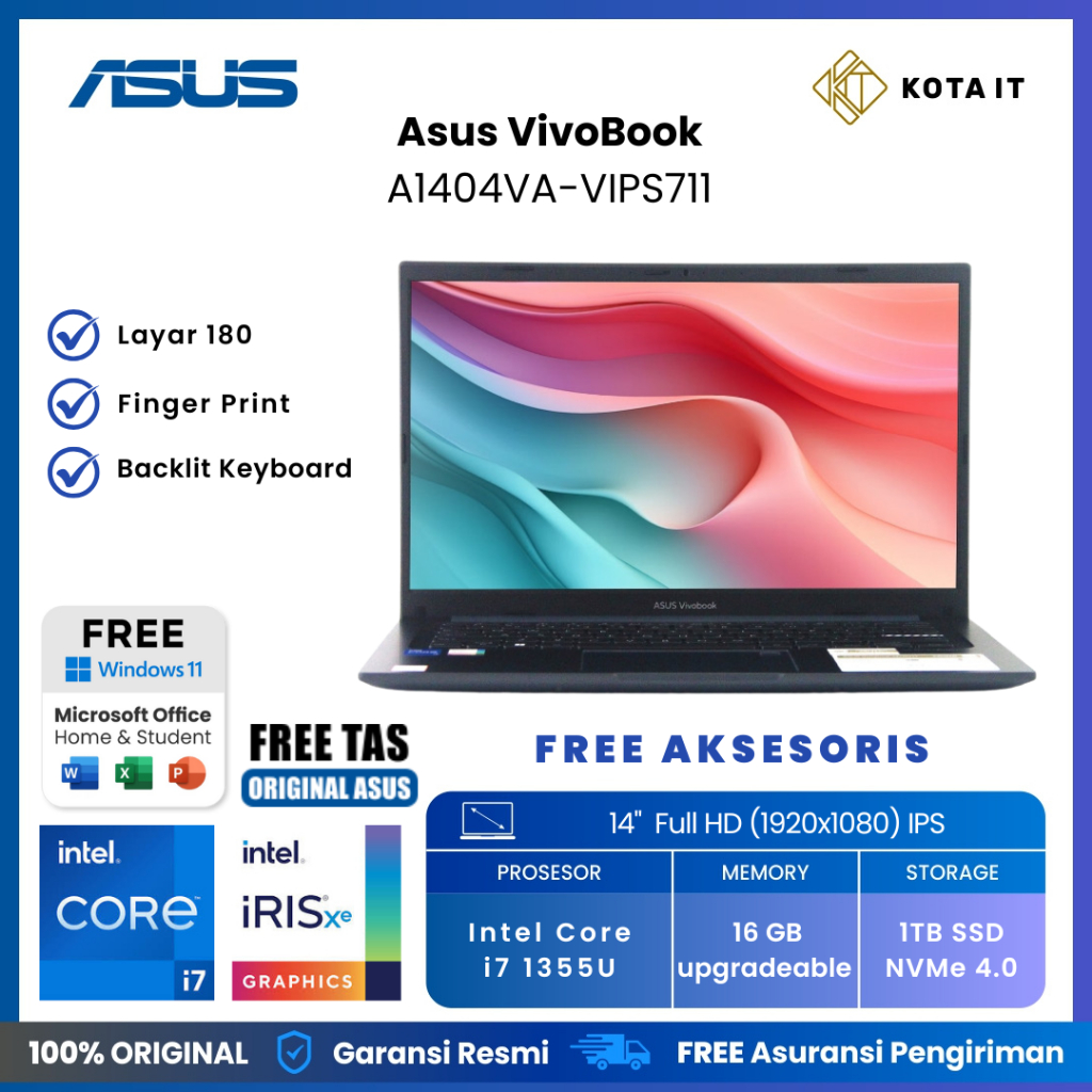 RESMI LAPTOP Asus VivoBook A1404VA-VIPS711 with Intel i7 Gen 13 and 16GB RAM and 1TB SSD