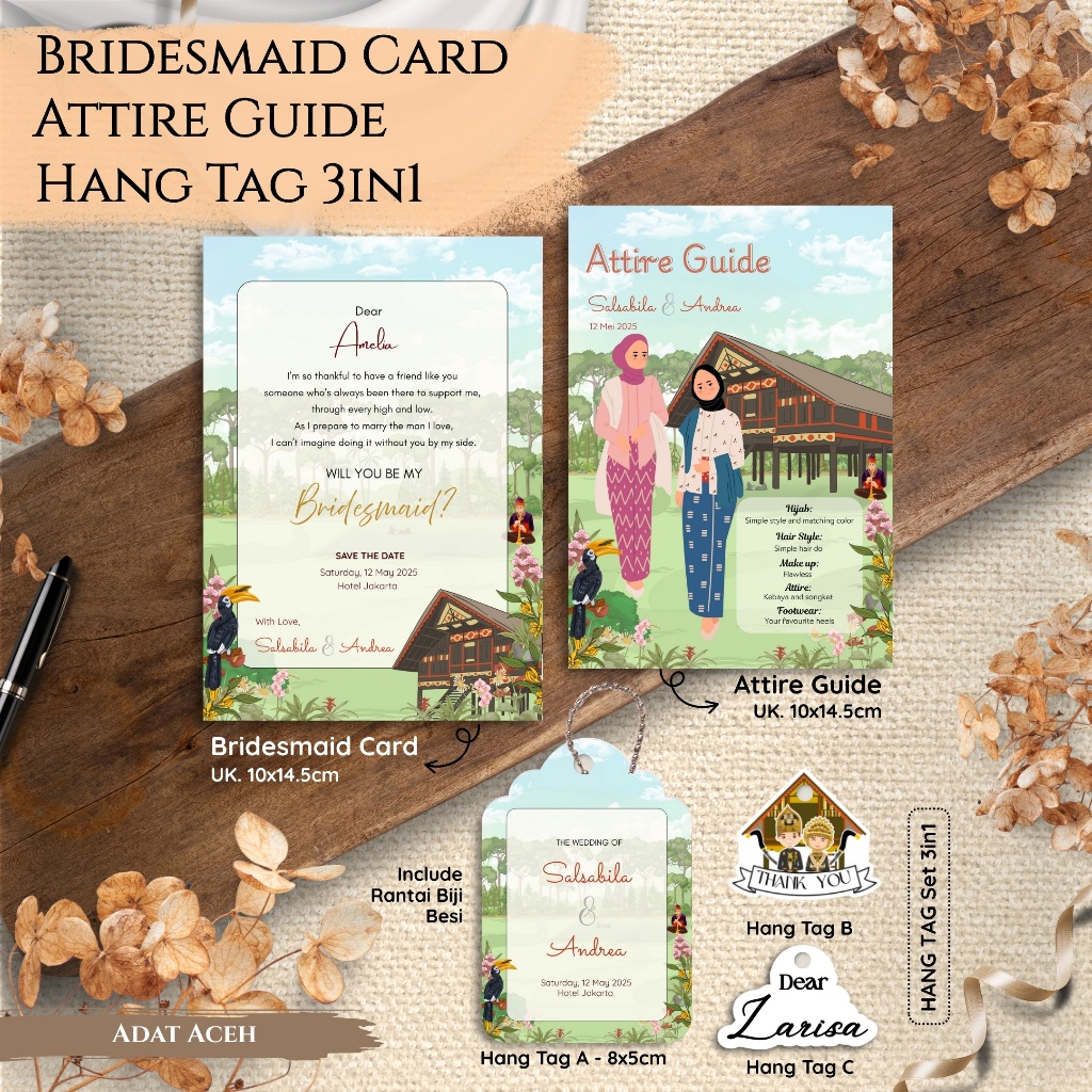 [Sumatera] Kartu Bridesmaid Card + Attire Guide + Hangtag 3in1 by Bridespride - Bisa Custom