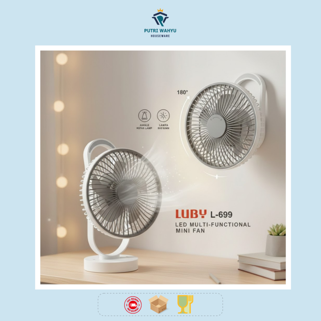 Kipas Angin Meja Cas LUBY L-699 8 Inch Mini Fan Rechargeable 3 Kecepatan + LED AC/DC
