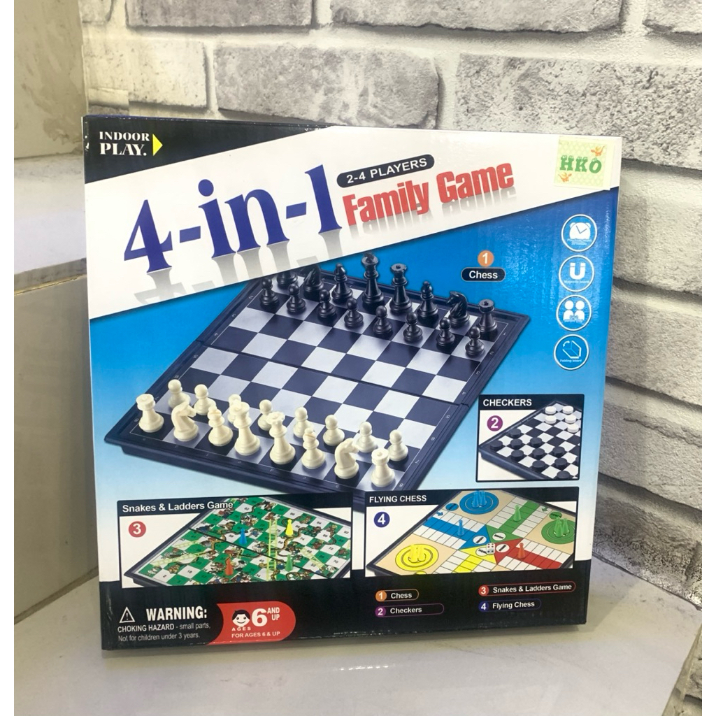 Board Game 4 in 1 Family Game Chess, Checkers, Flying Chess (Ludo), Snake ladder / Mainan Ular Tangg