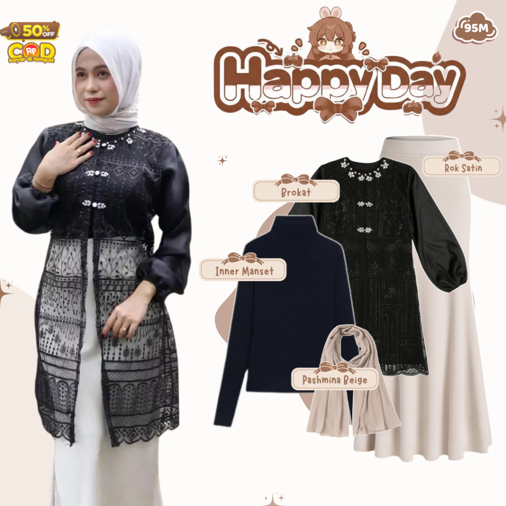 One Set 4in1 Lebaran Wanita Hijab Syle Brokat Kekinian - ( Rok Duyung Scuba + Inner Manset + Outer B