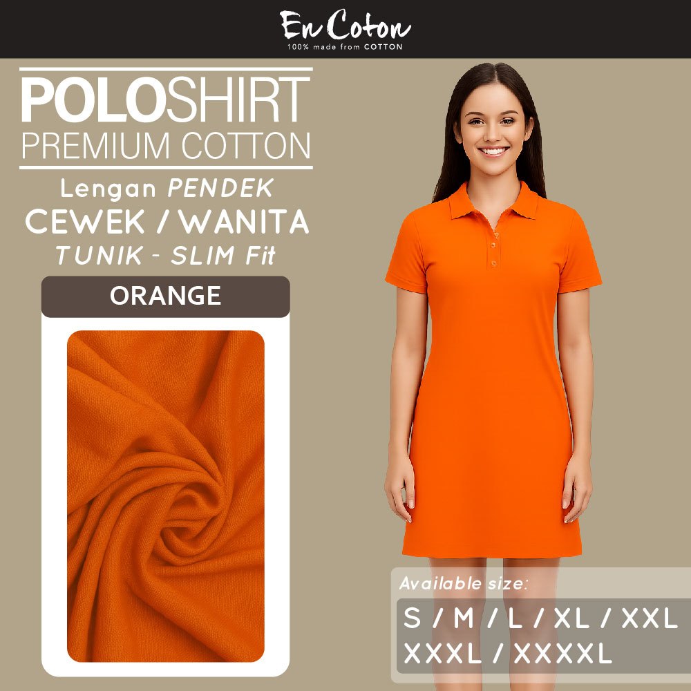 ENCOTON Kaos Kerah Polo Dress Tunik Terusan Wanita Cewek ORANGE Tangan Lengan Pendek