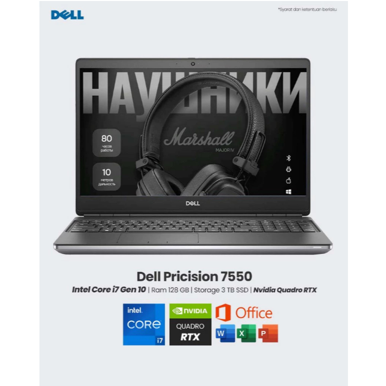 Laptop Dell Pricision 7550 Core i7 Gen 10 Ram 128 GB SSD 3 TB Lauat 15 inch Full HD Mobile Workstati