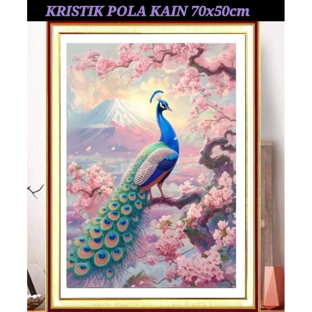 DIY PAKET KRISTIK BUNGA SAKURA MERAK POLA KAIN CROSS STITCH KIT 11CT