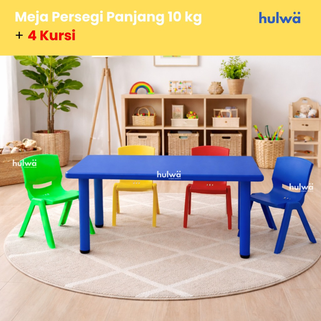 Meja Persegi Panjang Anak TK Warna Warni Kaki Besi Hulwa SET 4 Kursi