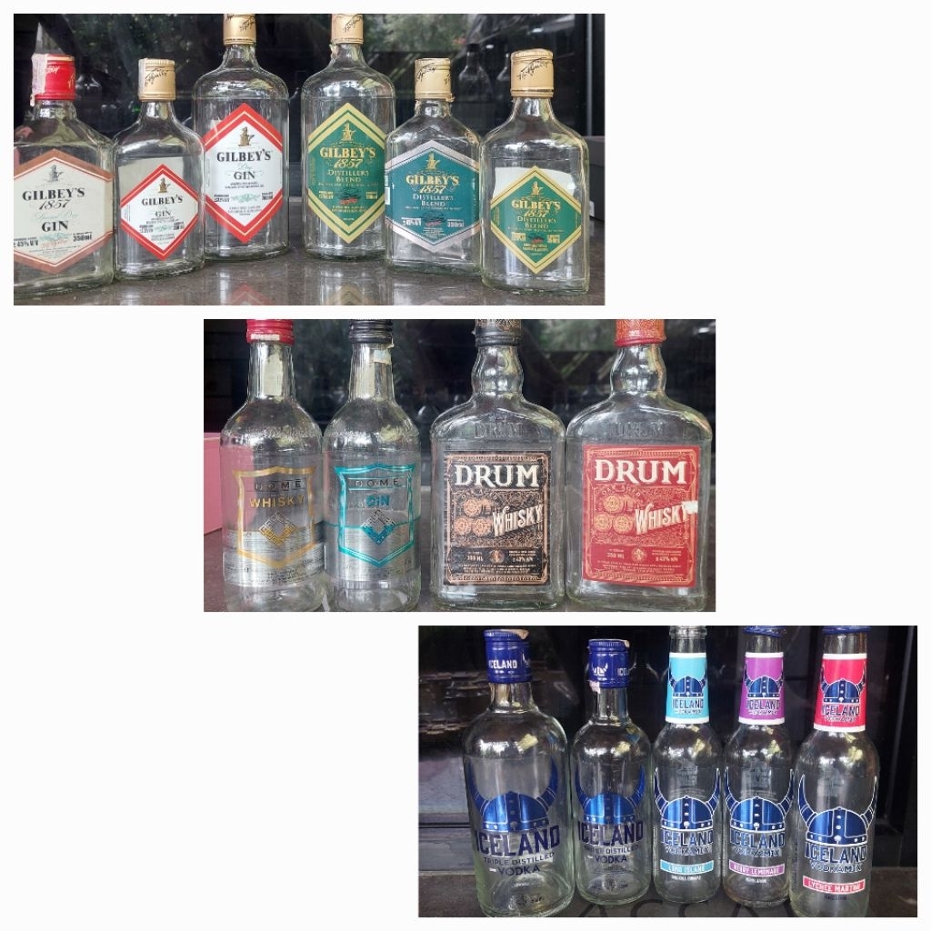 BOTOL - BOTOL KACA BEKAS MINUMAN BEER DRUM WHISKEY GILBEYS VODKA DOME GIN UNTUK PAJANGAN DISPLAY VAS