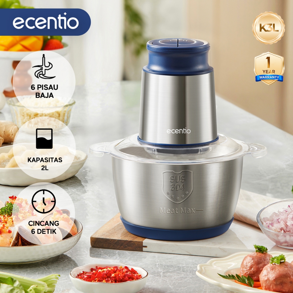 ecentio food chopper stainless coper daging dan bumbu 2L food processor 6 Mata Pisau blender 250W pe