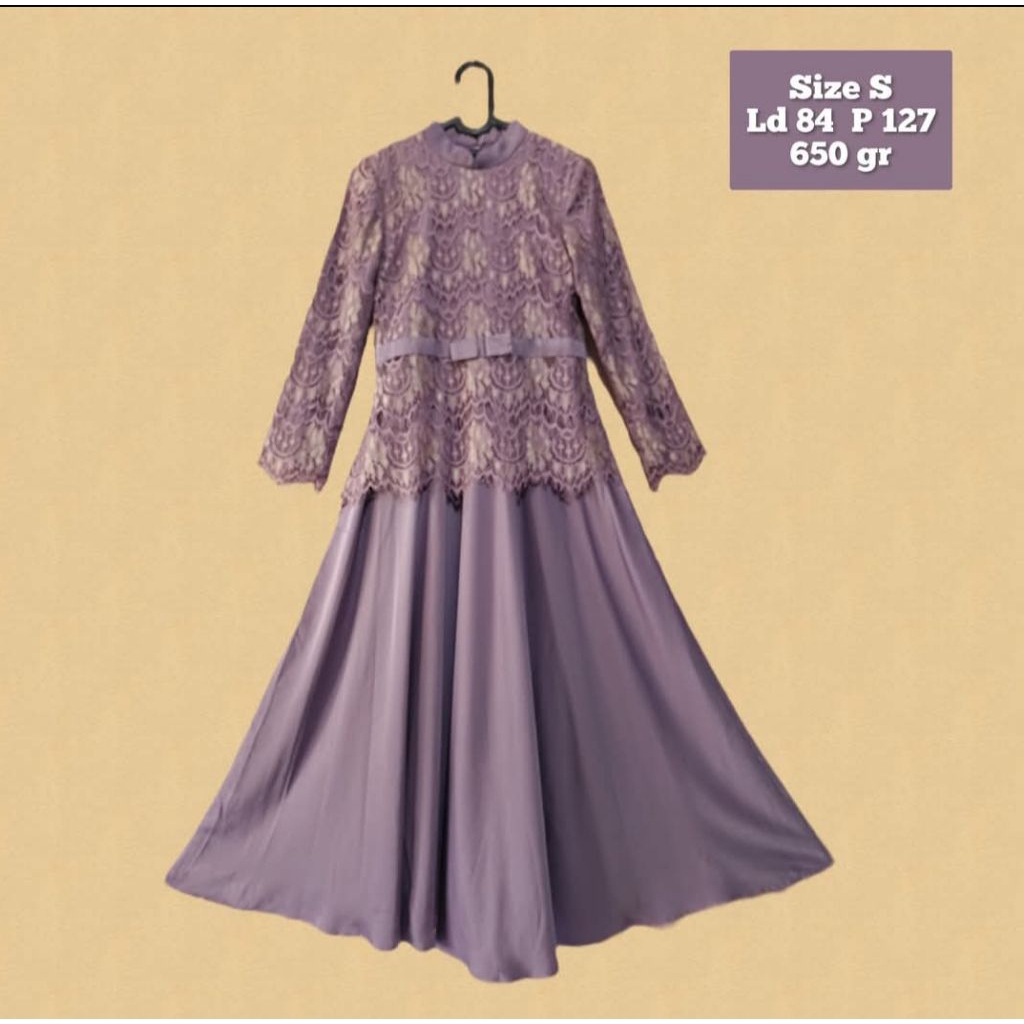 pl gamis dress satin brukat ungu muda size S
