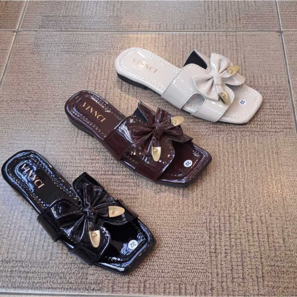 KDS | VNC Wanita Sandal Teplek Square Toe Pita Selop Ujung Emas Glossy Mewah Insole Empuk