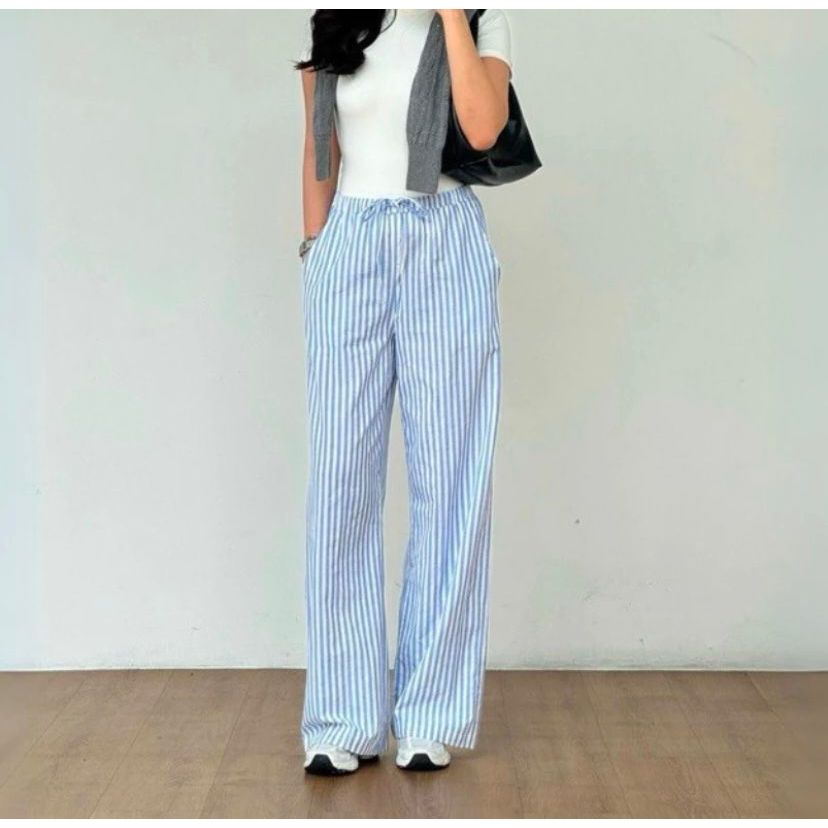 Celana Panjang Wanita Highwaist - Pinggang Karet, Saku Praktis, Pola Garis-garis