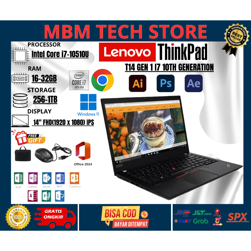 LAPTOP LENOVO THINKPAD T14 GEN 1 I7 10TH TOUCHSCREEN 32GB/1TB SSD WINDOWS 11 FREE MOUSE & TAS