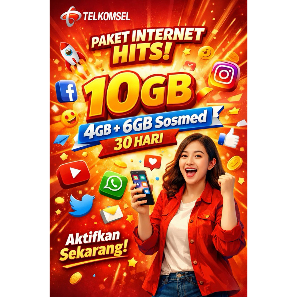 Kuota Telkomsel 10GB 30 Hari | 4GB Utama + 6GB Sosmed | Langsung Masuk
