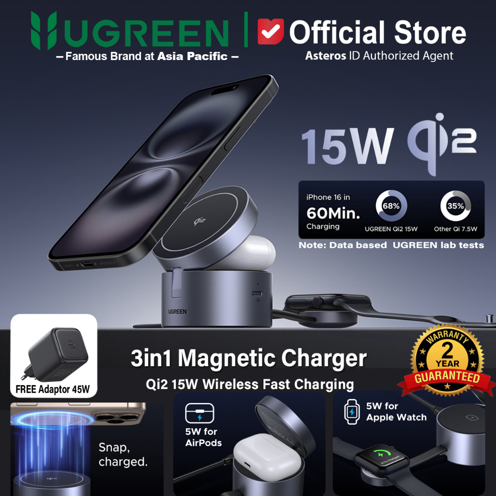 UGREEN UNO 3 IN 1 Magsafe Qi2 Wireless Charger Stand Magnetic Fast Charging 15W For iPhone Airpods &