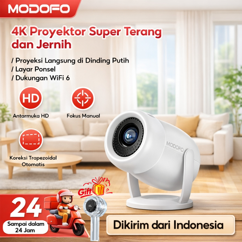 MODOFO Proyektor 4K tv mini  Proyektor Android 400ANSI WIFI 6/Bluetooth/proyektor mini Rotasi Bebas 