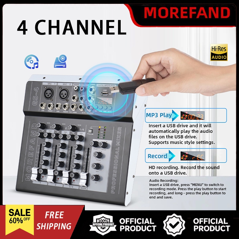 MOREFAND Professional mixer audio, GS7,4/7 channel audio mixer. 16DSP USB/MP3/Bluetooth Daya 48V, Ou