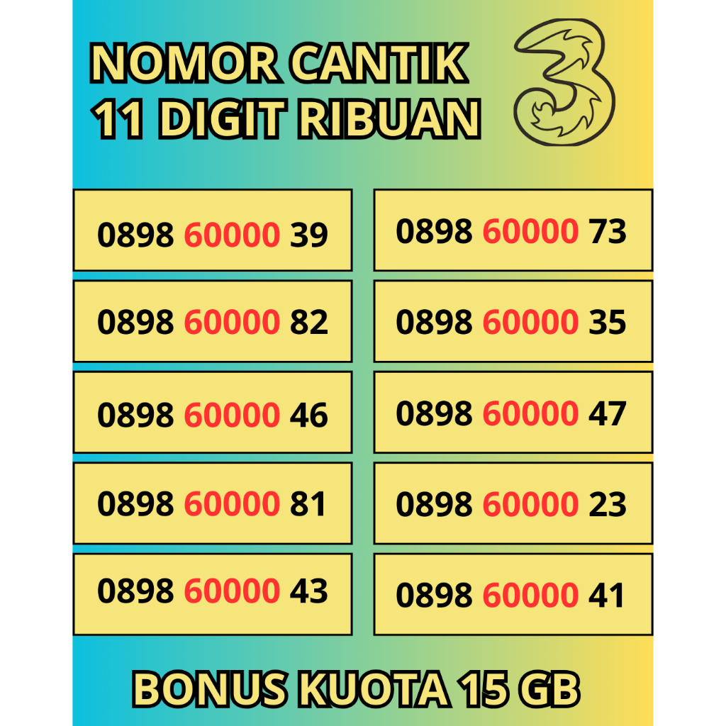 Nomor Cantik Tri 11 Digit Seri Ribuan Rapi - Nomor Cantik Tri Seri 60000