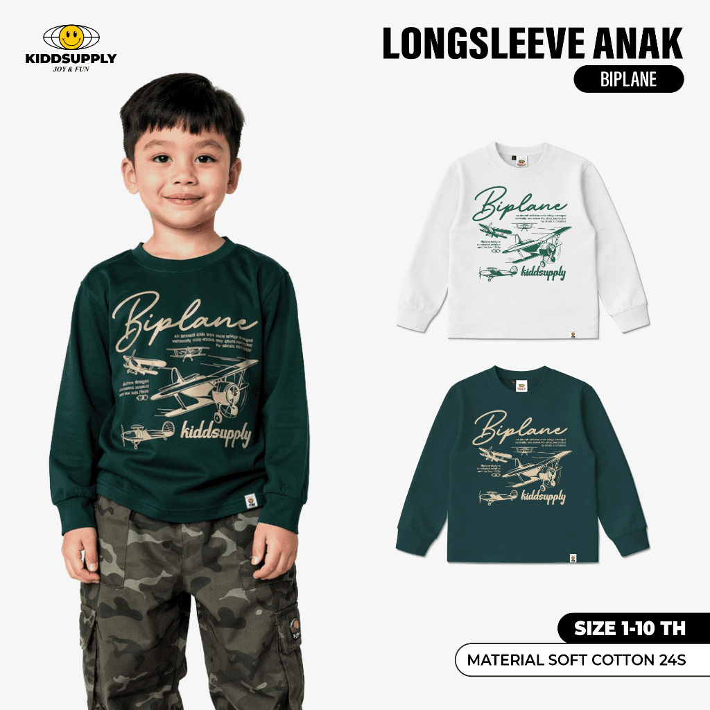Kiddsupply Kaos Lengan Panjang Anak Biplane Green Bottle & White | Atasan  Anak | Baju Anak Unisex |