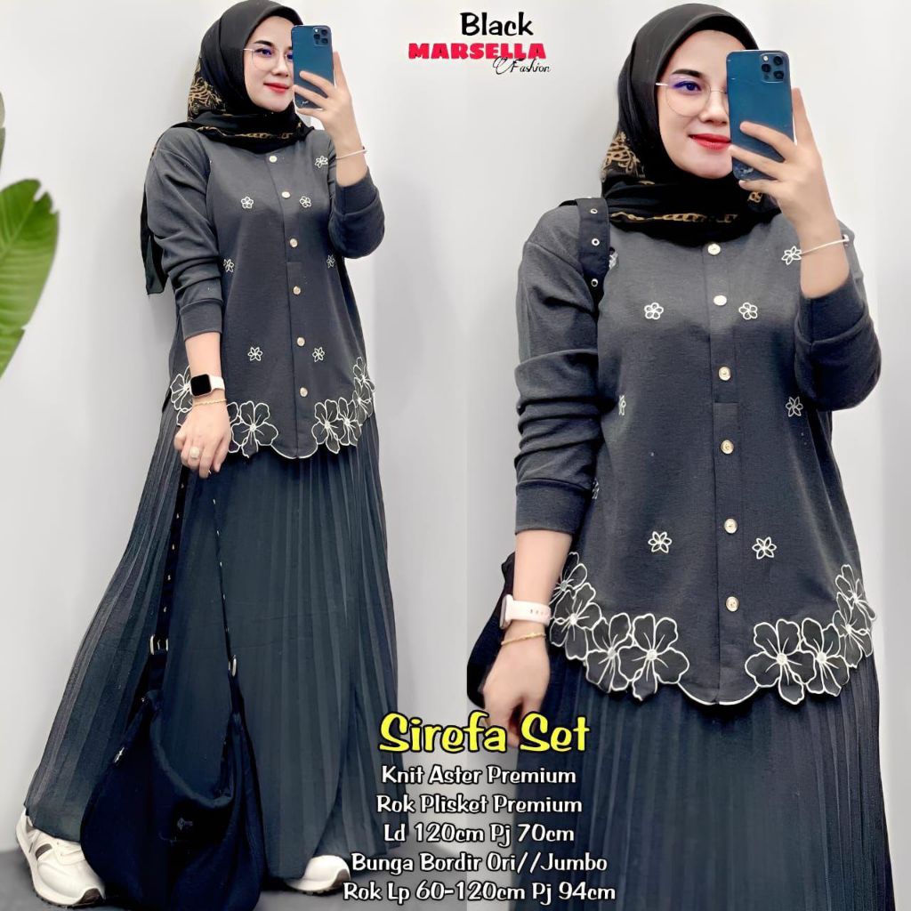 Sirefa Setelan Wanita Knit Aster Premium Ld 120cm Rok Plisket Panjang Jumbo Bunga Bordir Ori Set Rok