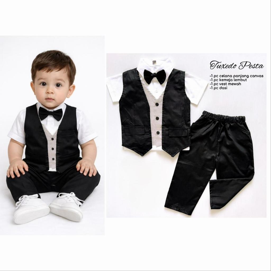 Tuxedo Pesta 1 - 3 tahun set Baju setelan kemeja rompi celana panjang pergi kondangan mewah jalan ja