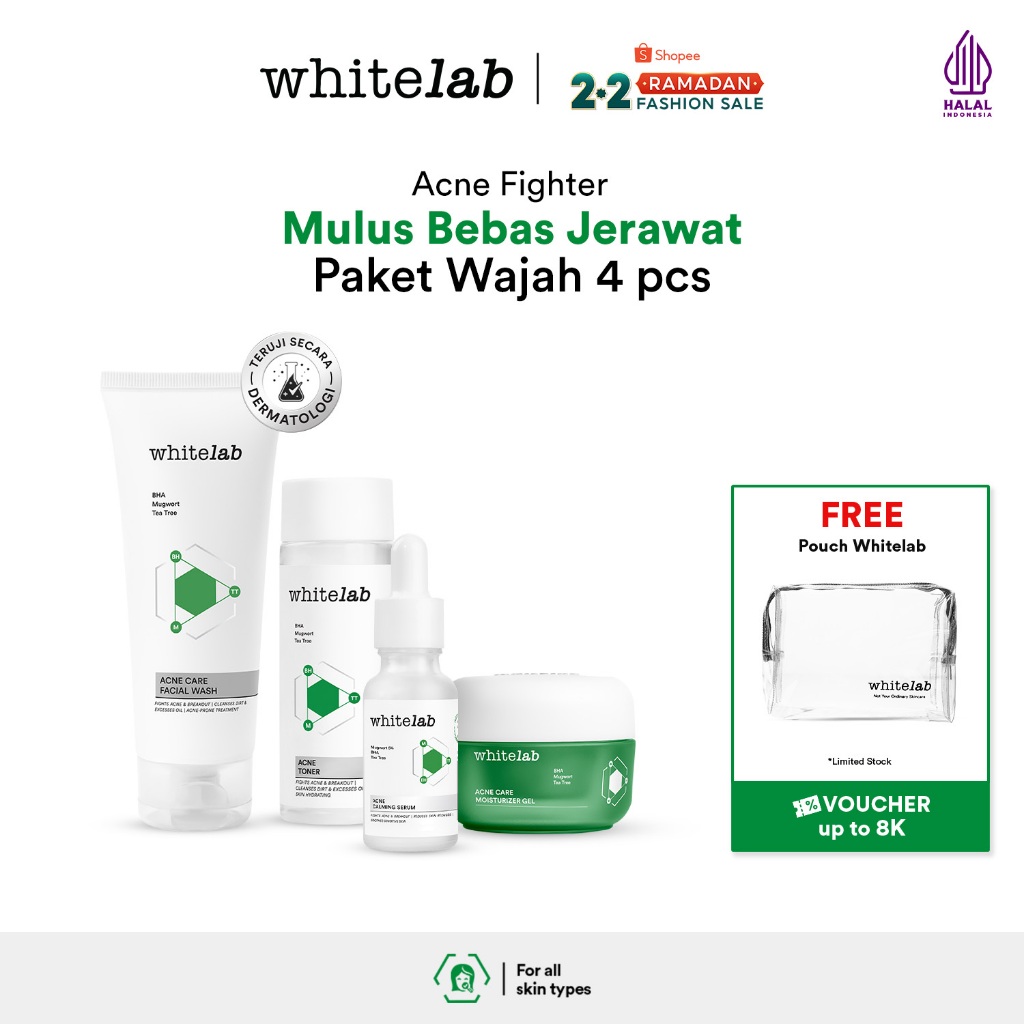 Whitelab 4 pcs Paket Acne - Facial Wash, Toner, Serum, Moisturizer Paket Skincare