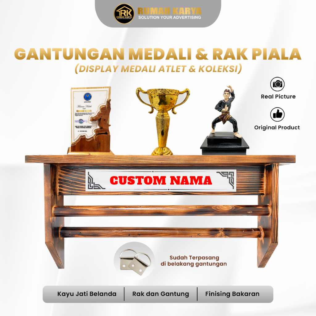 Gantungan Medali Kayu & Rak Piala Minimalis - Display Gantungan Mendali Kayu Custom Nama Acrylic UV