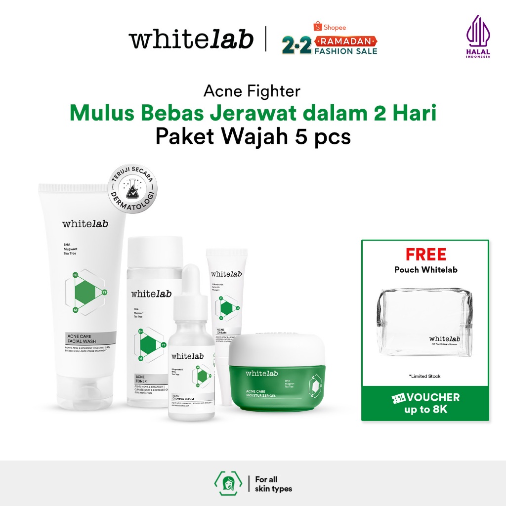 Whitelab 5 pcs Paket Acne Lengkap - Facial Wash, Toner, Serum, Moisturizer, Acne Cream Paket Skincar
