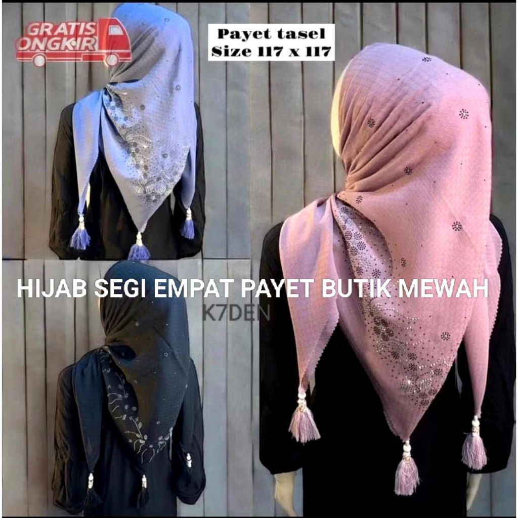 Hijab Segi Empat Butik Pesta Tassel Payet Swarosky Mewah // good quality Kerudung Pesta Segi Empat P