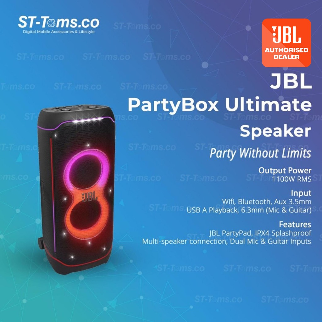 JBL PartyBox Ultimate RGB Lightshow 1100W RMS Bluetooth WiFi Dual Mic Input & Guitar Port