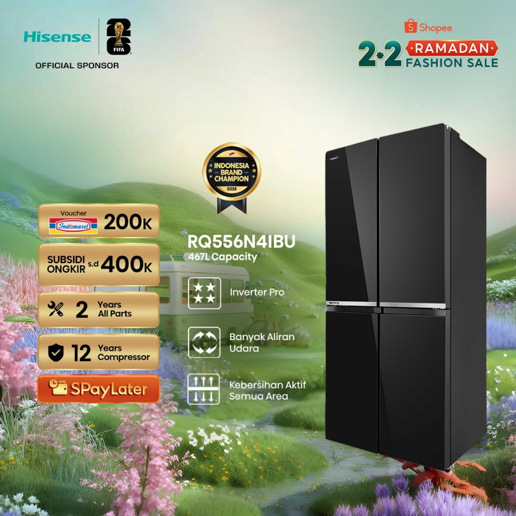 Hisense Kulkas RQ556N4IBU Refrigerator 4 Pintu Kapasitas 467L Warna Hitam Inverter Pro 360 Derajat M