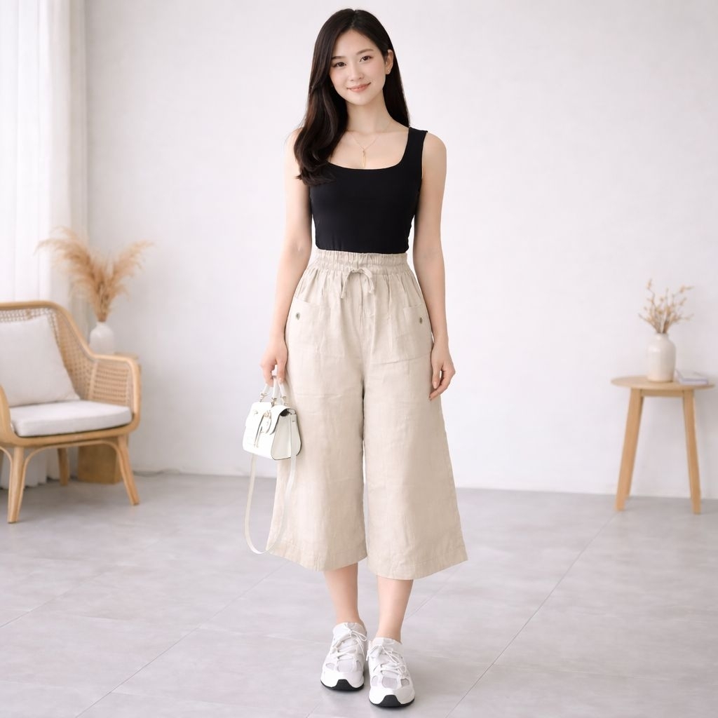 Celana Kulot Linen Crincle Premium 7/8 Wanita Nyaman untuk Daily Wear