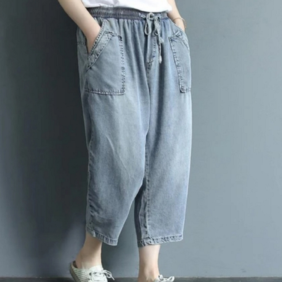 Celana Baggy Cropped Denim Wanita Dewasa Boyfriend Jeans Pinggang Elastis Korean Style