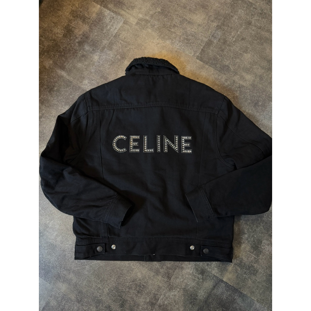 Jaket jeans Celine rhinestones letter shearling denim trucker jacket