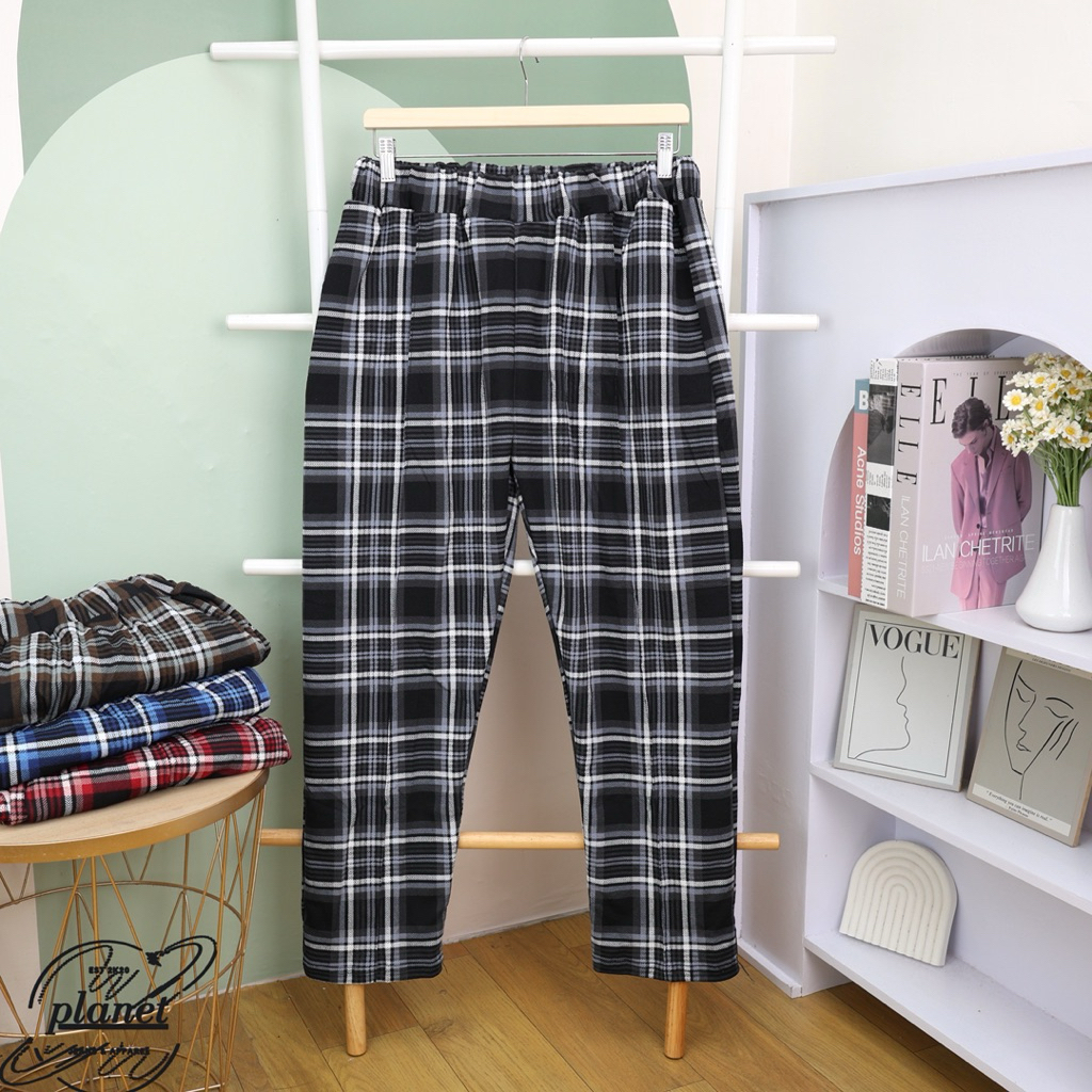CELANA PANJANG JUMBO BIG SIZE TARTAN PANTS MOTIF KOTAK KOTAK WAFEL WANITA BAHAN MELAR PINGGANG KARET